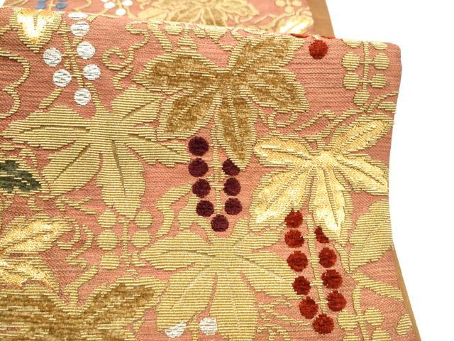 平和屋着物●ファッションデザイナー 花井幸子　六通柄袋帯　金華山織　モール織　葡萄蔦の葉文　金銀糸　正絹　逸品　CABM9862hy