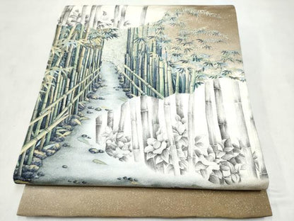 平和屋着物●伝統工芸士　京友禅染色作家　田家鬼彩　太鼓柄袋帯　風景文　銀通し地　正絹　逸品　CABM9876hy
