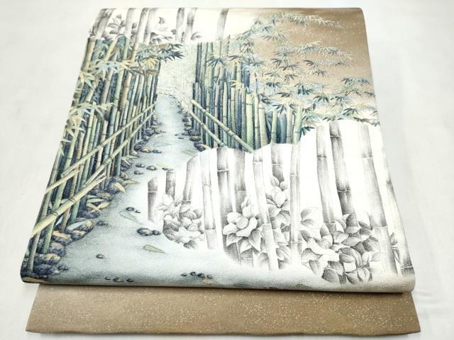 平和屋着物●伝統工芸士　京友禅染色作家　田家鬼彩　太鼓柄袋帯　風景文　銀通し地　正絹　逸品　CABM9876hy