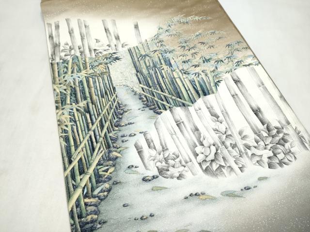 平和屋着物●伝統工芸士　京友禅染色作家　田家鬼彩　太鼓柄袋帯　風景文　銀通し地　正絹　逸品　CABM9876hy