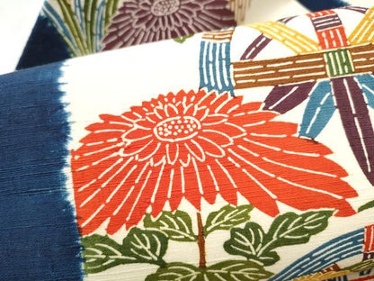 平和屋着物●全通柄　九寸名古屋帯　型染め　紬地　草花文　正絹　逸品　CABM9890hy