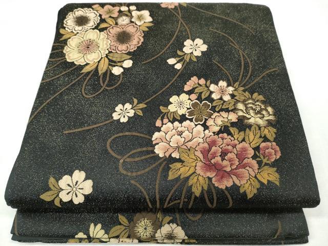 平和屋着物●六通柄袋帯　花丸文　黒地　金通し地　正絹　逸品　CABM9989hy