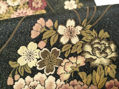 平和屋着物●六通柄袋帯　花丸文　黒地　金通し地　正絹　逸品　CABM9989hy