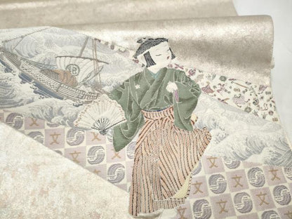 平和屋着物●加賀友禅の巨匠　初代　由水十久　西陣　長嶋成織物　ながしま帯　太鼓柄袋帯　紀の国　瀞銀錦　正絹　逸品　CABM9997hy