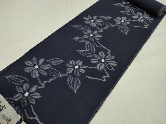 平和屋着物●久留米絣　反物　綿　特六孔雀つむぎ織　枝花文　国武織物謹製　証紙付き　着尺　逸品　未使用　CABN0832ju