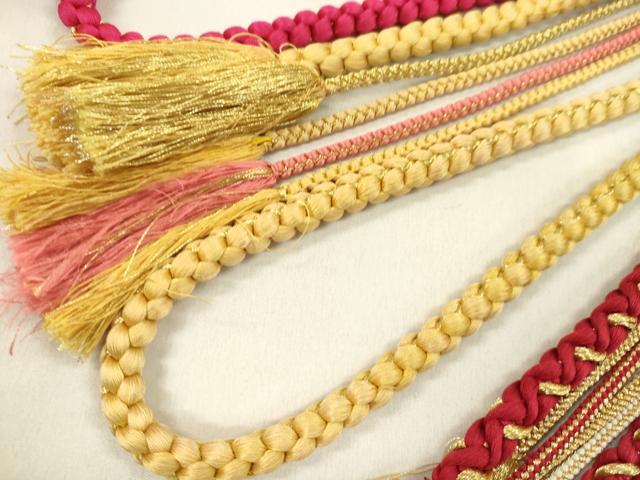 平和屋着物▼和装小物　帯締め３本セット　振袖用　飾り付き　パール　飾り玉　つまみ細工　赤　ベージュ　ピンク　金糸　逸品　CABN0918ju