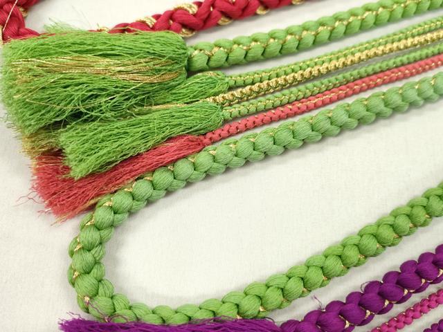 平和屋着物▼和装小物　帯締め３本セット　振袖用　飾り付き　パール　飾り玉　つまみ細工　赤　紫　苗色　金糸　逸品　CABN0919ju