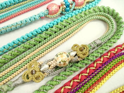 平和屋着物▼和装小物　帯締め３本セット　振袖用　飾り付き　飾り玉　小田巻き　赤　水色　苗色　金銀糸　逸品　CABN0927ju