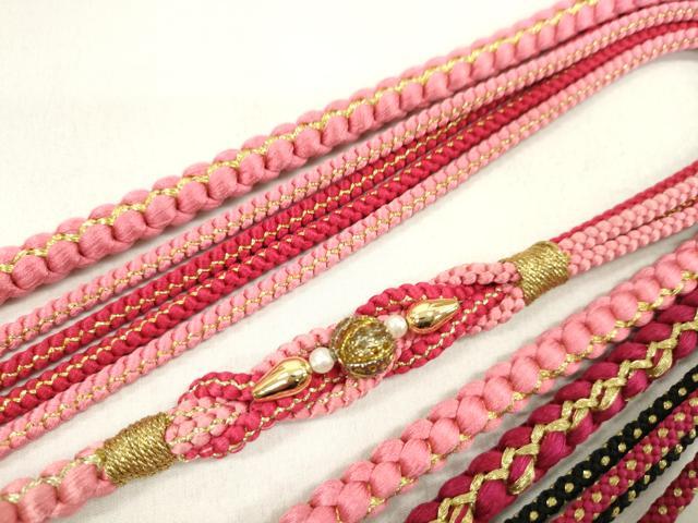 平和屋着物▼和装小物　帯締め３本セット　振袖用　飾り付き　つまみ細工　パール　ロイヤルブルー　桃色　赤×黒　金糸　逸品　CABN0930ju