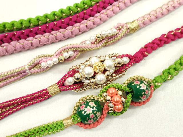 平和屋着物▼和装小物　帯締め３本セット　振袖用　飾り付き　パール　飾り玉　ルビー×黒　鶸萌黄色　菖蒲色　金糸　逸品　CABN0933ju