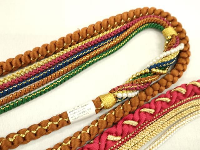 平和屋着物▼和装小物　帯締め３本セット　振袖用　飾り付き　パール　つまみ細工　赤　マゼンタ　唐茶　未使用あり　金糸　逸品CABN0938ju