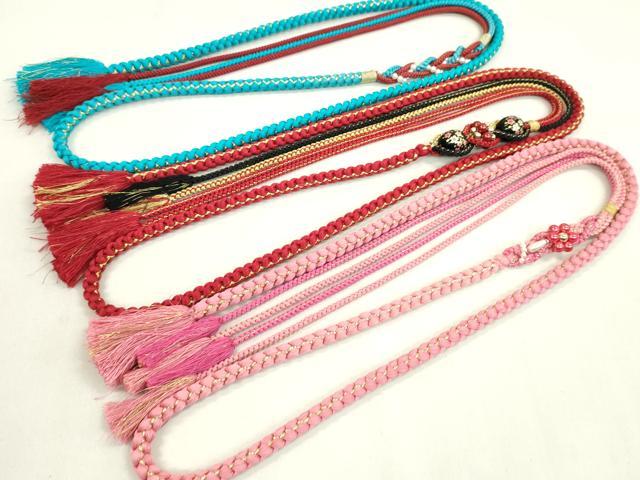 平和屋着物▼和装小物　帯締め３本セット　振袖用　飾り付き　パール　飾り玉　赤×黒　薄紅色　ターコイズブルー　金糸　逸品　CABN0939ju