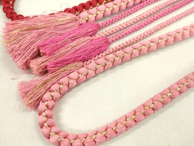 平和屋着物▼和装小物　帯締め３本セット　振袖用　飾り付き　パール　飾り玉　赤×黒　薄紅色　ターコイズブルー　金糸　逸品　CABN0939ju