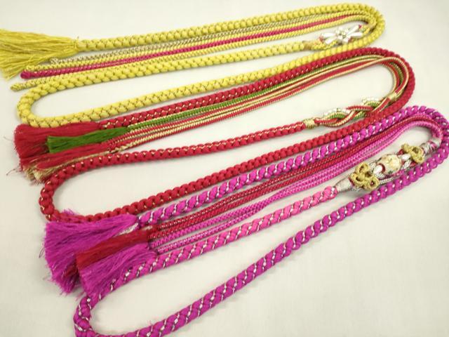 平和屋着物▼和装小物　帯締め３本セット　振袖用　飾り付き　パール　飾り玉　ショッキングピンク　淡黄色　赤　金銀糸　逸品　CABN0948ju