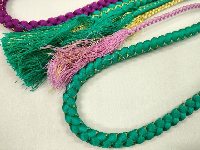 平和屋着物▼和装小物　帯締め３本セット　振袖用　飾り付き　パール　小田巻き　花緑青色　赤　紫　金糸　逸品　CABN0949ju