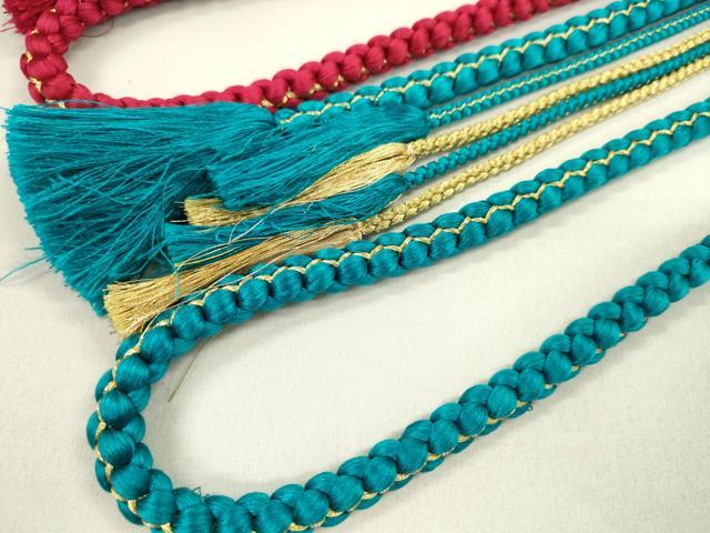 平和屋着物▼和装小物　帯締め３本セット　振袖用　飾り付き　パール　飾り玉　小田巻き　シアン　紅緋色　赤　金糸　逸品　CABN0950ju