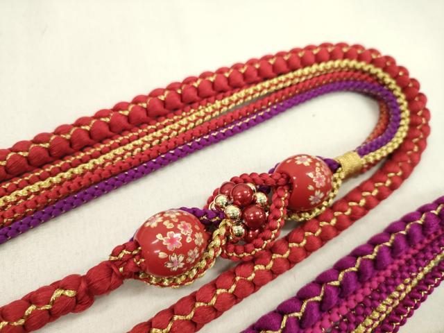平和屋着物▼和装小物　帯締め３本セット　振袖用　飾り付き　パール　飾り玉　紫　紅緋色　黄色　金糸　逸品　CABN0953ju