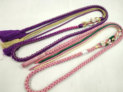 平和屋着物▼和装小物　帯締め２本セット　振袖用　飾り付き　パール　飾り玉　花　薄紅梅色　紫　金糸　未使用あり　逸品　CABN0958ju