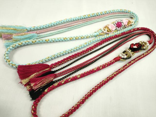 平和屋着物▼和装小物　帯締め２本セット　振袖用　飾り付き　つまみ細工　パール　ラインストーン　赤×黒　水色　金糸　逸品　CABN0960ju