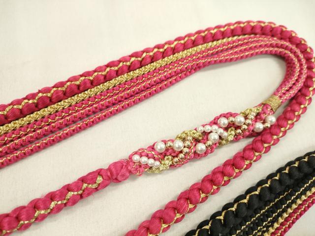 平和屋着物▼和装小物　帯締め３本セット　振袖用　飾り付き　パール　飾り玉　濃紅色　黒　薔薇色　金糸　逸品　CABN0962ju