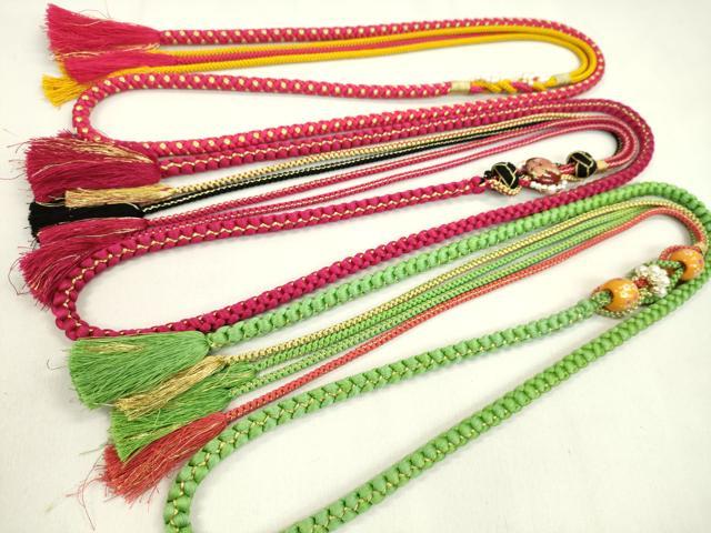 平和屋着物▼和装小物　帯締め３本セット　振袖用　飾り付き　飾り玉　パール　浅紫色　ルビー色　マゼンタ　金糸　逸品　CABN0975ju