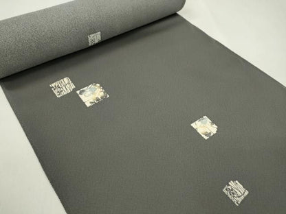 平和屋着物●小紋　反物　型染め　破れ色紙枝花文　黒橡色　丹後ちりめん　着尺　逸品　未使用　CABN1024ju