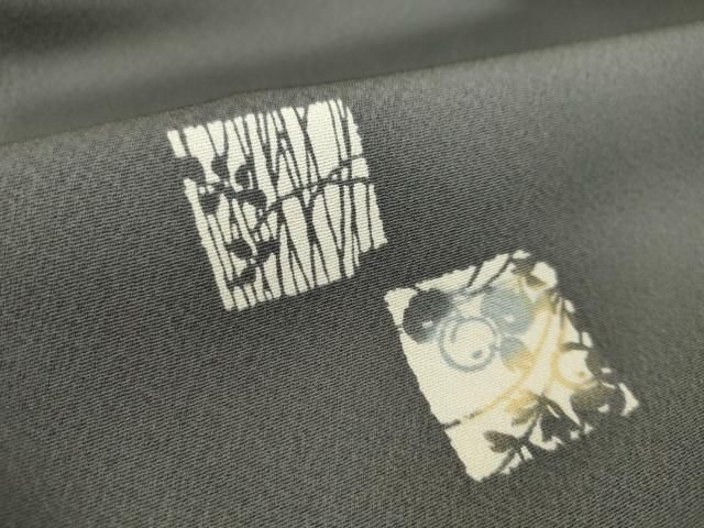平和屋着物●小紋　反物　型染め　破れ色紙枝花文　黒橡色　丹後ちりめん　着尺　逸品　未使用　CABN1024ju