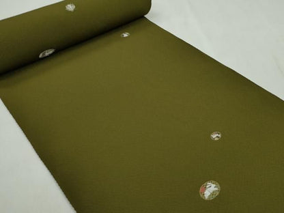 平和屋着物●小紋　反物　総刺繍　うさぎ丸文　鶯茶色　金銀糸　丹後ちりめん　着尺　逸品　未使用　CABN1025ju