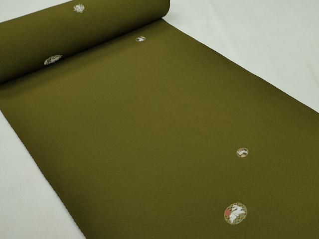 平和屋着物●小紋　反物　総刺繍　うさぎ丸文　鶯茶色　金銀糸　丹後ちりめん　着尺　逸品　未使用　CABN1025ju
