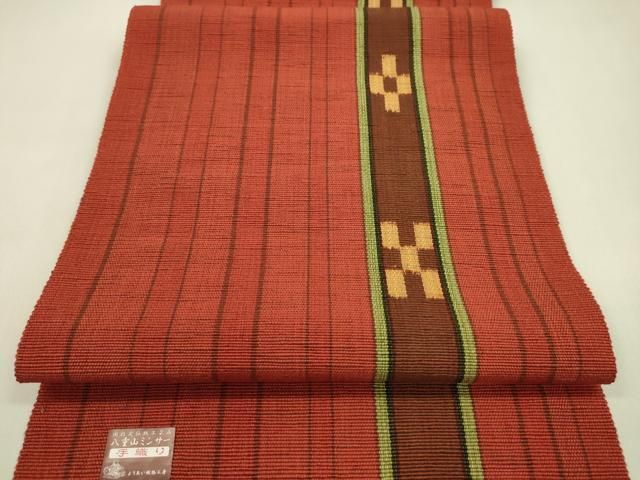 平和屋着物●沖縄県伝統工芸品　八重山ミンサー　手織り　名古屋帯　反物　間道　綿　証紙付き　逸品　未使用　CABN1028ju