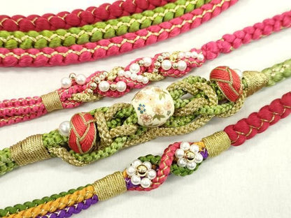 平和屋着物▼和装小物　帯締め３本セット　振袖用　飾り付き　飾り玉　パール　花　コチニールレッド　淡萌黄色　金糸　逸品　CABN1057ju