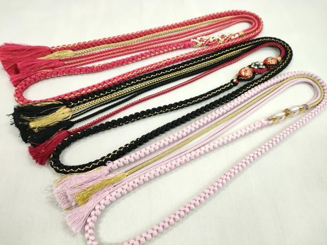 平和屋着物▼和装小物　帯締め３本セット　振袖用　飾り付き　パール　飾り玉　ビジュー　黒　撫子色　薔薇色　金糸　逸品　CABN1061ju