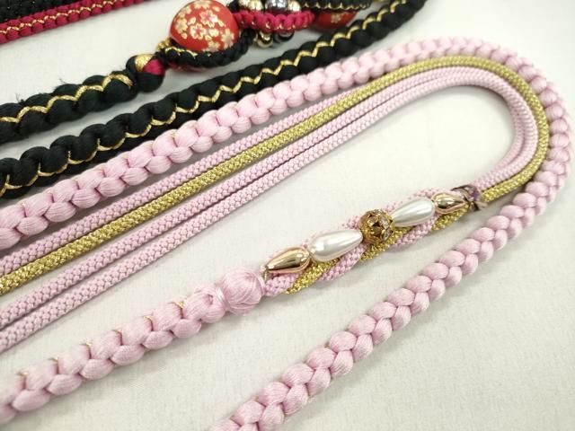 平和屋着物▼和装小物　帯締め３本セット　振袖用　飾り付き　パール　飾り玉　ビジュー　黒　撫子色　薔薇色　金糸　逸品　CABN1061ju