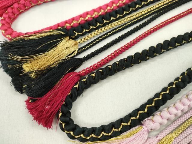 平和屋着物▼和装小物　帯締め３本セット　振袖用　飾り付き　パール　飾り玉　ビジュー　黒　撫子色　薔薇色　金糸　逸品　CABN1061ju