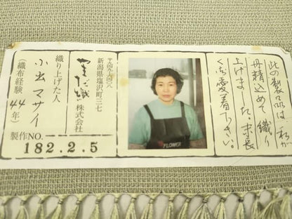 平和屋着物●本塩沢　やまだ織　反物　裏葉柳色　小出マサイ作　証紙付き　着尺　逸品　未使用　CABN1091ju