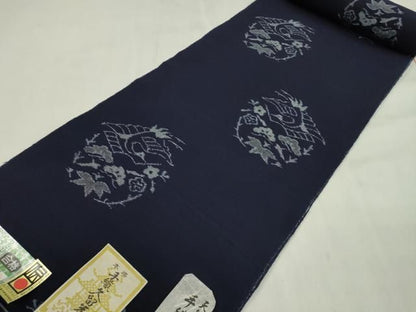 平和屋着物●久留米絣　反物　綿　手織　天然正藍染　松竹梅飛鶴文　木原株式会社謹製　井上正明作　証紙付き 着尺 逸品 未使用 CABN1107ju
