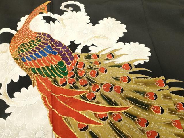 平和屋着物■豪華黒留袖　駒刺繍　孔雀菊文　金彩　正絹　逸品　CABN1209ev