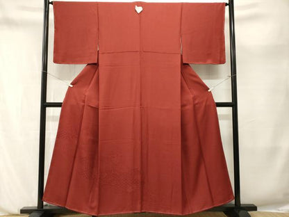 平和屋着物■上質な色無地　文箱吉祥花地紋　紅海老茶色　洗える着物　未使用　CABN1215ev