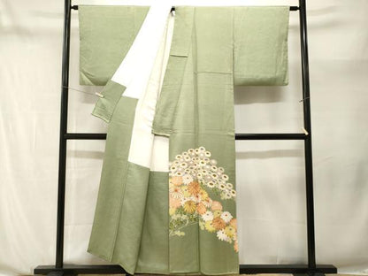 平和屋着物■豪華色留袖　駒刺繍　菊　草花文　金彩　正絹　逸品　CABN1231ev