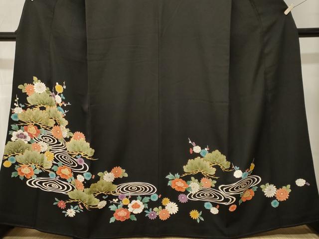 平和屋着物■豪華黒留袖　駒刺繍　流水松花文　金彩　正絹　逸品　CABN1297ev