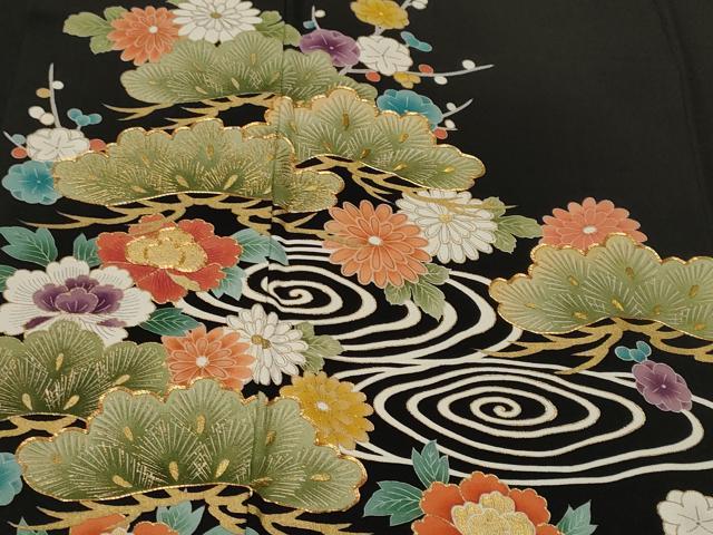 平和屋着物■豪華黒留袖　駒刺繍　流水松花文　金彩　正絹　逸品　CABN1297ev