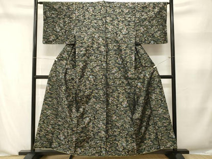 平和屋着物■上質な紬　籬芝草花文　黒地　正絹　逸品　CABN1397ev