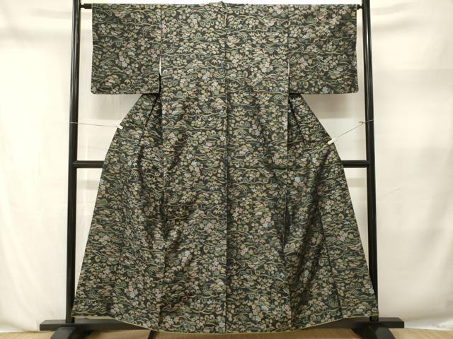 平和屋着物■上質な紬　籬芝草花文　黒地　正絹　逸品　CABN1397ev