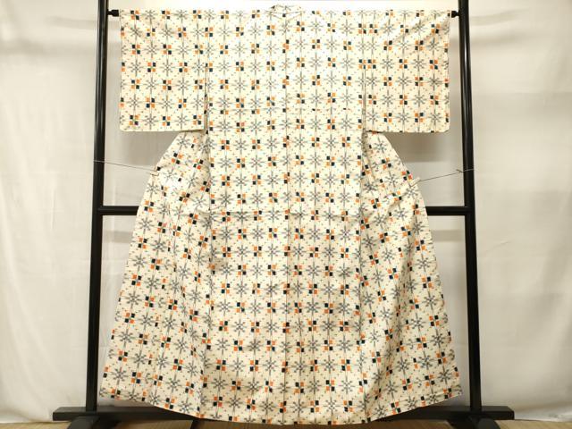 平和屋着物■上質な紬　絵絣　幾何学文　正絹　逸品　CABN1400ev