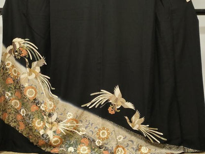 平和屋着物■豪華黒留袖　螺鈿　花喰い鳥　更紗鳳凰花文　金銀彩　正絹　逸品　CABN1446ev