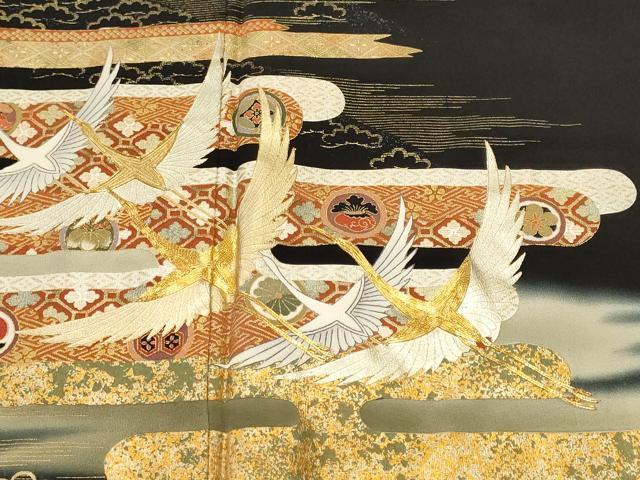 平和屋着物■豪華黒留袖　作家物　駒刺繍　エ霞宝尽し飛鶴花文　暈し染め　金彩　正絹　逸品　CABN1450ev