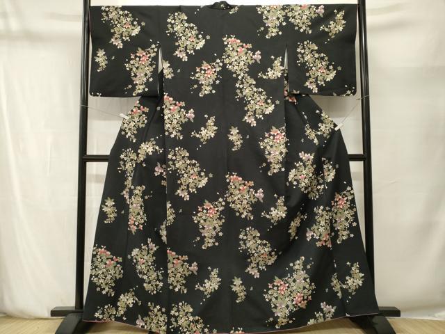 平和屋着物■小紋　枝花文　黒地　洗える着物　CABN1455ev