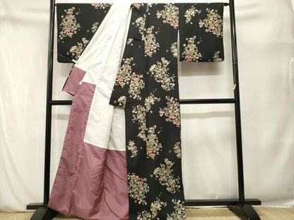 平和屋着物■小紋　枝花文　黒地　洗える着物　CABN1455ev