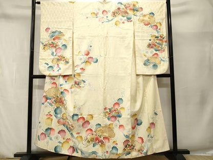 平和屋着物■小振袖　駒刺繍　枝梅松花文　金彩　洗える着物　CABN1467ev