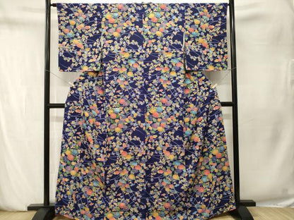 平和屋着物■上質な小紋　菊　萩文　鬼しぼ縮緬　正絹　逸品　CABN1523ev